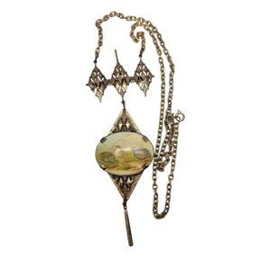 Unique Bird Scene Pendant Necklace Dangling Chandelier Setting Vintage 22" Chain